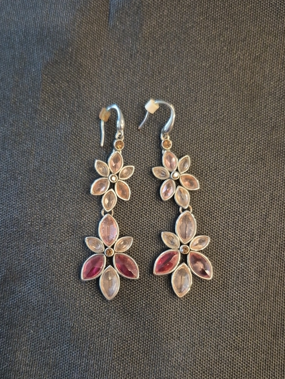 Delicate Pink Flower Crystal Drop Earrings In Silver Tone - Picture 1 of 5